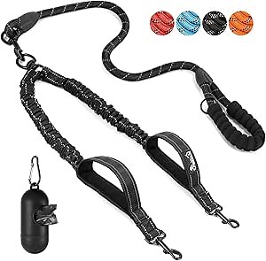 SlowTon Double Leash for Two Dogs - No Tangle Dog Leash 360° Swivel Reflective Double Dog Leashes with Two Padded Handles, Shock Absorbing Walking Training for Small Medium Dogs (Black, 25-150 lbs)