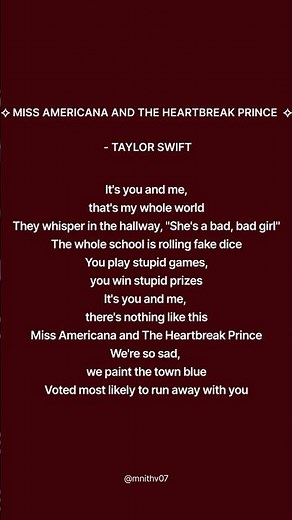 Miss Americana and the heartbreak prince by Taylor Swift. #songs #lyrics #taylorswift #englishsongs