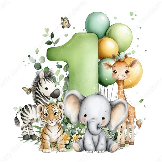 First Birthday PNG, 12 Safari Animals With Number One Clipart Bundle - Etsy
