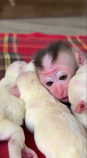 Poor baby monkey nursing milk the the dog