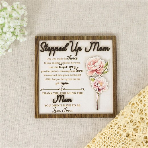 Stepped up Mom Floral Gift Personalized Wood Sign, Bonus Mom Gift From Daughter, Step Mom Appreciation Gift, Mother’s Day Gift Custom Plaque - Etsy
