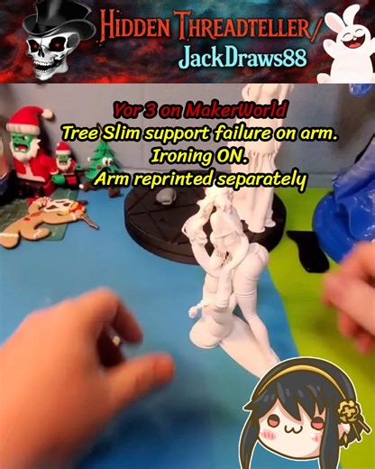 I 3D Printed Yor Forger… and This Time It Actually Worked 😅 Reddit Stories in Background Free Model on Makerworld Beginner-friendly 3D printing — learning, refining, and improving with each attempt. Still pretty new to 3D printing and figuring things out as I go. This version came out much cleaner compared to my earlier tries. Only minor hiccups this time — small touch-ups around the arm and a section of hair, but nothing like before. Adjusted orientation and support settings, and the print beh