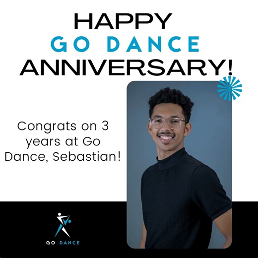 Join us in celebrating Sebastian Quinones’ three-year anniversary at Go Dance Studio! 🕺✨ Since joining us in 2023, Sebastian has shared his love for dance - particularly Country and West Coast Swing - with new and seasoned dancers. His positive energy continues to inspire our students on and off the dance floor. 👏 Let's congratulate Sebastian and thank him for his incredible teaching! | Go Dance Studio
