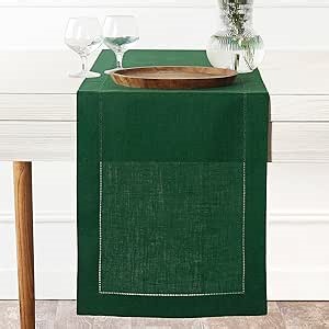 Signature Linen™ by D'Moksha Eden Green Table Runner 48 Inches, 100% Pure Linen, Hemstitch, Coffee Table Runner, 14 x 48 Inch for Dresser Tables- Mothers Day, Spring, Summer
