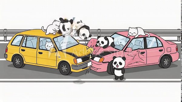 Cartoon Car Crash: Pandas and Cats in a Road Accident Scene.