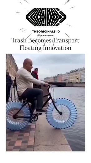 fuuukey on Instagram: "This video features a creative DIY project where a man converts a standard bicycle into a watercraft using recycled materials. The video shows a man riding a bicycle with wheels modified for buoyancy. Instead of rubber tires, the wheels are fitted with dozens of clear plastic water bottles arranged in a circular pattern. Key Features of the Design Buoyancy: The air trapped in the plastic bottles provides enough upward force to keep the heavy bike and the rider afloat. Prop