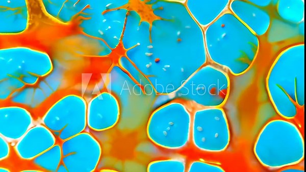 Abstract footage of vibrant microcosm of cell-like structures, where turquoise and amber merge in an organic pattern, suitable for science, medical backgrounds, and abstract art visuals