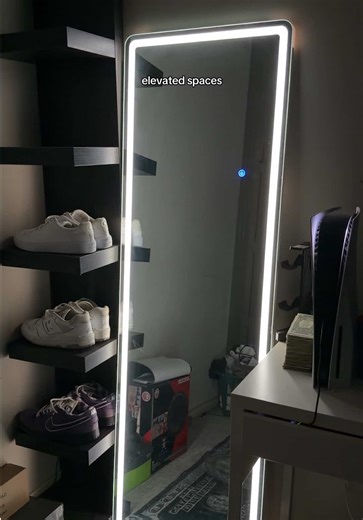 These LED mirrors instantly elevated both of our spaces 🔥 #ledmirror #fullbodymirror #standingmirror #roomessentials #roomdecor