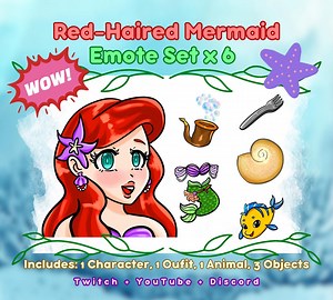 Chibi Anime Red-haired Mermaid Emote Set of 6: 1 Character, 1 Outfit, 1 Animal, 3 Objects; Twitch Discord Youtube Streams - Etsy UK