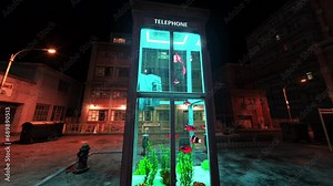 Aquarium in a telephone booth in a night industrial city. Seamless looped. 3D animation. 4k.