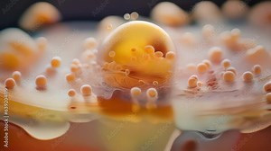 macro microscope video reveals a goldenbordered wan crescentshaped microbe Pseudomonas aeruginosa with a diameter of around 34 micrometers within a shallow depth of field.