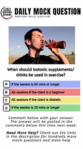 When should isotonic supplements/ drinks be used in exercise? A If the session is 60 mins or longer B All sessions if the client is a beginner C All sessions if the client is diabetic D If the session is 20 mins or longer Drop your answer in the comments below 👇👇 You can join our inner circle and download tons of FREE MOCK Questions here >>> https://join.parallelcoaching.co.uk/fitness-exam-mock-questions Pass your exam with confidence using our Revision Bootcamps: Level 2 Anatomy Bootcamp here