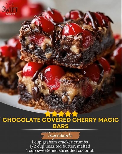 Chocolate Covered Cherry Magic Bars Ingredients: 1 cup graham cracker crumbs 1/2 cup unsalted butter, melted 1 cup sweetened shredded coconut 1 cup chocolate chips 1 cup cherry pie filling 1 can (14 oz) sweetened condensed milk 1/2 cup chopped walnuts (optional) Directions: 1. Preheat oven to 350°F (175°C). Grease a 9x13-inch baking dish. 2. In a bowl, mix graham cracker crumbs with melted butter. Press the mixture into the bottom of the prepared baking dish to form the crust. 3. Evenly spread t