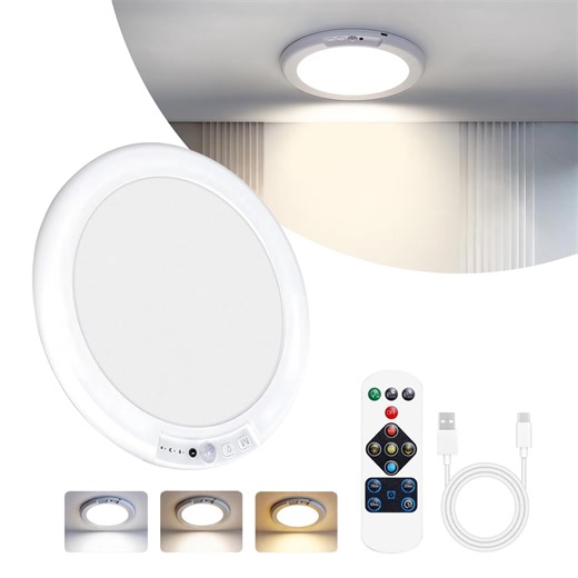 Ceiling Light whit Motion Sensor, Rechargeable Cordless Ceiling Light whit Remote Support 3 Color Temp for Bathrooms, Shower, Storage Room, Laundry Room, Hallways, Porch