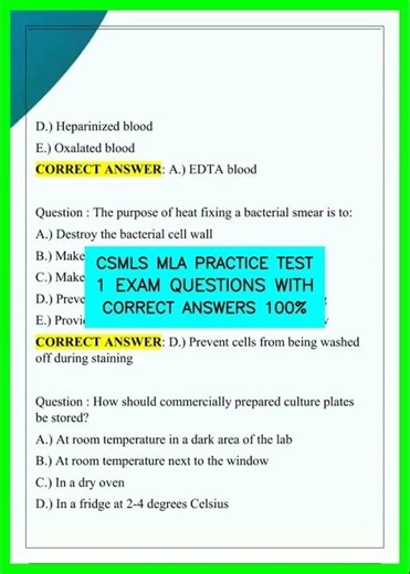 CSMLS MLA PRACTICE TEST 1 EXAM QUESTIONS WITH CORRECT ANSWERS 100% video
