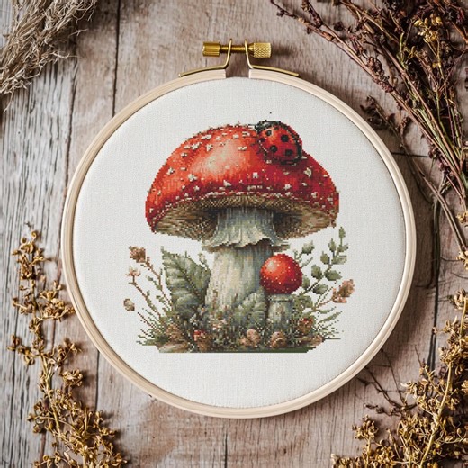 Mushroom With Ladybug Cross Stitch Pattern, Cross Stitch, Pattern, Cross Stitch Kit, PDF Pattern - Etsy