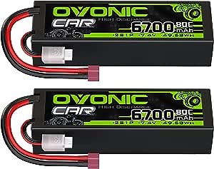 OVONIC 2S Lipo Battery 80C 6700mAh 7.4V Lipo Battery with Dean-Style T Connector for RC Car Truck Boat Vehicles (2 Packs)