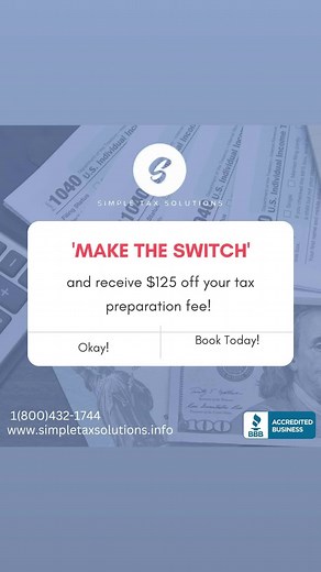 Who doesn't like saving money? 🤔🤑 🔁💡 'MAKE THE SWITCH' over to Simple Tax Solutions and receive $125 OFF your tax preparation fee! ✔️ Let us know you're 'Making the Switch' by bringing your last year's tax return in addition with your paperwork and documents to your appointment! 📑😁 Why Go Anywhere Else? The Choice is SIMPLE! ™️ Ready to book? ⬇️⬇️⬇️ www.simpletaxsolutions.info ##sts##maketheswitch##taxlaws##knowledgable##accuratetaxprep##taxprofessionals##incometax##businesstaxprep##easyta