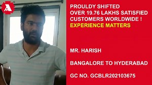 Mr. Harish moved from Bangalore to Hyderabad vide GC number GCBLR202103675 shared his shifting experience with us. “I was gratified by the on-time delivery of my shipment and the efficient packing by the expert team of Agarwal Packers and Movers Limited. From the able workforce that was on board on time, to the management of the team and supervision of the experienced staff members over the entire process – everything was taken care of by the amazing packing team of the world-class moving compan