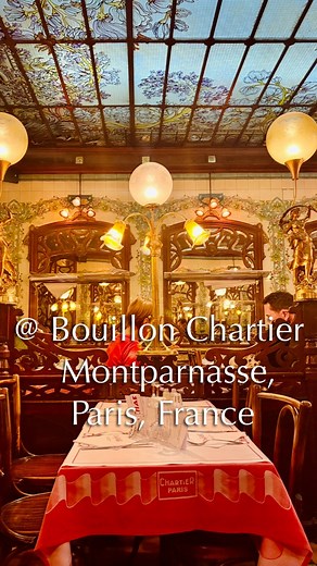 Bouillon Chartier @ Montparnasse, Paris, France @bouillonchartier An authentic brasserie since 1896. We went to the Montparnasse branch, one of three in Paris. Traditional menu at affordable prices. The signature bouillon soup is a generous portion for 1 euro. Reservations are not possible, so you have to wait in line in front of the restaurant. The interior is beautiful and period in an art nouveau style. A printed daily menu, waiters take your order and fill in a paper tablecloth, where you ca
