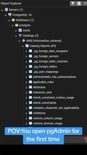 That first time you open pgAdmin and suddenly feel like you’ve entered a NASA control room instead of a database tool You install PostgreSQL thinking “this should be simple”… then boom — pgAdmin opens with dashboards, servers, roles, databases everywhere and you’re just sitting there like: “Am I supposed to know what all of this means already?” You click something… nothing makes sense. You click something else… even worse. But deep down you know this is the beginning of actually understanding re