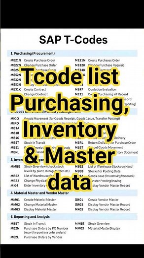 All tcodes for purchasing, Inventory, Master data.Tcode list for P2P, Master data.#viral #viralvideo
