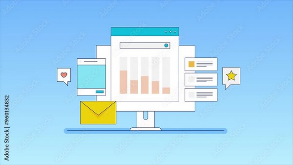 Digital marketing report for SEO, Social media, Email campaign, Digital advertising performance analysis, Content analysis. Animation video clip.