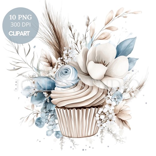 Watercolor Cupcake Clipart, Blue Floral Design, Printable Stickers Goodnotes (digital Download) 733 - Etsy