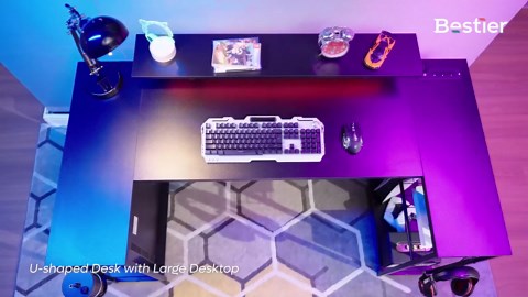 Bestier 63" Gaming Desk with LED Lights, U-Shaped Computer Desk with Outlets & Monitor Stand, Home Office Desk with Storage Shelves in Grey