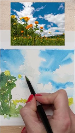 Cheerful Watercolor Flowers and Sky Painting Process
