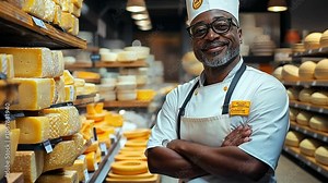 Artisan cheese maker poses proudly in a bustling cheese shop showcasing diverse varieties