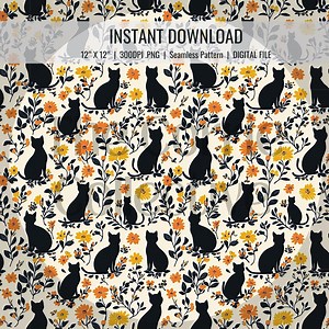 Black Cat Halloween Floral Seamless File, Digital Instant Download, Fall Flowers - Etsy