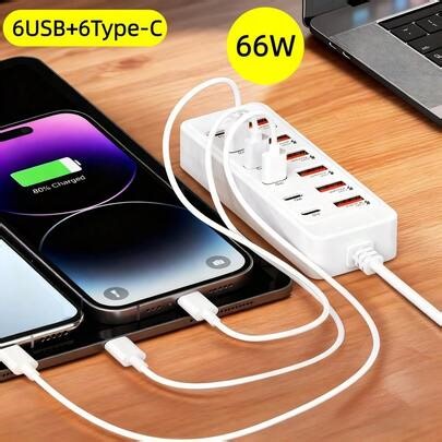 66W snelladende 12-poorts USB-hub [6USB+6PD] met meerdere interfaces, compatibel met diverse USB-apparaten voor snel opladen, ideaal voor 5V USB-apparaten zoals computers, laptops, tablets en meer. 12-in-1 USB-hub met 6 USB- en 6 Type-C-poorten voor snel opladen, met 66W PD snelladen en gegevensoverdracht - compacte multi-port adapter compatibel met USB-apparaten, laptops, tablets, smartphones, flash drives, externe harde schijven en meer. | SHEIN