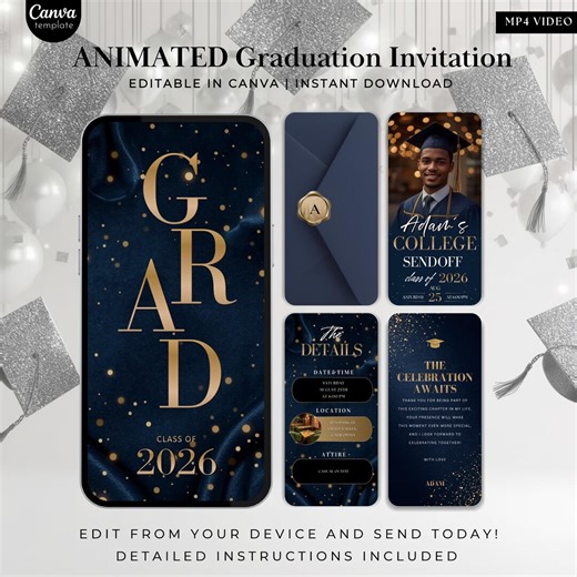 Grad Graduation Invitation Template 2026, Animated Graduation Evite, Editable Canva College Sendoff Invite, Navy Blue Gold Grad Party - Etsy