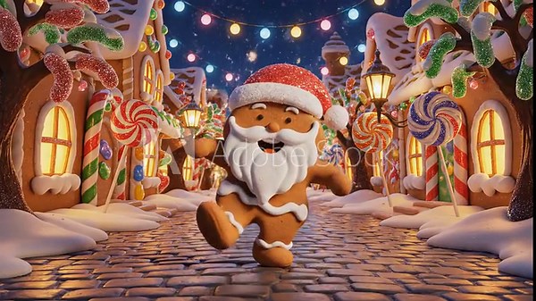 3D animated gingerbread man dressed as Santa dancing in a Christmas village. Funny character performing on a snowy street with candy houses and festive lights