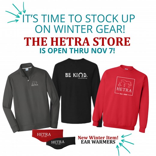 1.1K views · 3 comments | ❄️泥 It’s Time to Stock Up on Winter Gear! The HETRA Store is open thru November 7! Don’t miss our brand-new ear warmers — perfect for chilly barn days. Shop now ➡️ https://buff.ly/RbRw0uu | Heartland Equine Therapeutic Riding Academy (HETRA) | Facebook