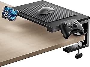 ARES WING Desk Shelf Extender, 15 inches 3 in 1 Clamp on Desk Shelf with Phone & Headset Holders, Heavy Duty Desktop Organizer for Gaming and Office Accessories, Black