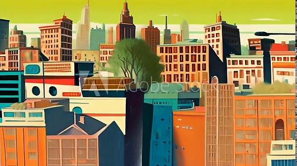 Animated cityscape brimming with eco-friendly architecture, where urban life blends with nature, portrays sustainable environment. Clean public spaces, and renewable energy suggest green future
