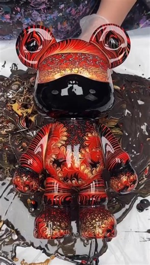 Red and black fluid art bear coloring｜#fluid #fluidart #bear #cute #diy #stressrelief #toys