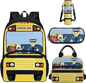 Bus Boys Backpack With Lunch Box Ages 6-8 Lightweight School Bag for Preschool Kids 1 Grade 4pcs Backpacks for School Sets Back to School Gift