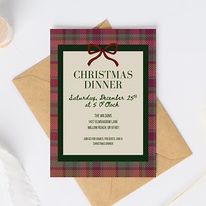 Christmas Dinner Invitation Template, Dark Red & Green Plaid Holiday Invite With Red Bow, Editable Canva Christmas Party Invite - Etsy