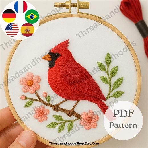 Cardinal Bird Hand Embroidery Pattern – Floral Branch Hoop Art (PDF Download) - Etsy UK
