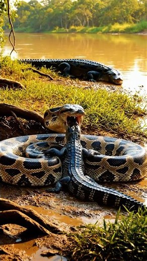Giant Python Attacks Baby Crocodile