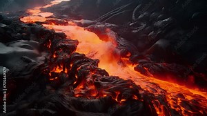 Molten rock streaming down the side of an erupting volcano in a vibrant, yelloworange river.