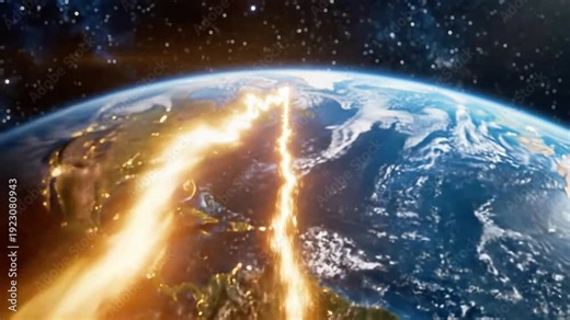 A split Earth with one side in daylight and the other in nighttime, with a glowing orange line dividing the two halves