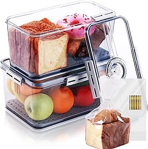Circloophs 2 Pack Bread Box for Kitchen Countertop, Regular and Big Bread Container Storage Airtight Loaf, Large Breadbox for Bread Storage, Refrigerator Lock Box for Fruit Storage with 50 Pcs Bags