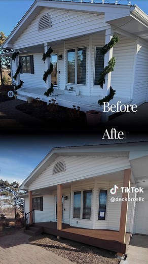 Out with the old. In with the right build. We removed the existing structure and rebuilt it on the same footprint — but stronger, cleaner, and built to last. ✔ 19x6 cantilever deck ✔ ~8 ft cantilever section ✔ One-step landing to concrete pad ✔ Brown Oak decking ✔ Black Westbury railing ✔ Roof support post integrated ✔ Short step railing on the left side Same space. Completely different standard. Before & after isn’t just about looks. It’s about structure, safety, and longevity underneath. 🔥