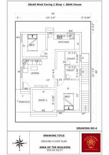 30x40 West Facing 1 Shop + 2BHK Vastu Plan