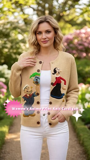 Trendy 2D Anime Character Print Knit Cardigan