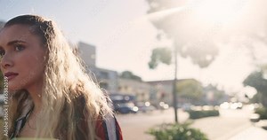 Travel, confused and woman in city with smartphone for directions, location search or navigation. Tourist, lost and female person with mobile phone for digital map, destination or holiday in Canada
